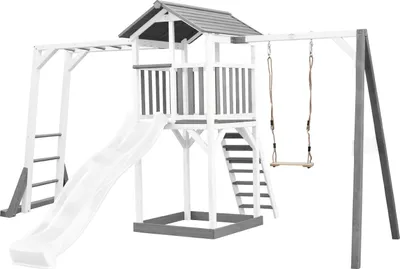Produktbild von AXI Beach Tower Spielturm aus Holz in Weiß & Grau | Spielhaus für Kinder mit weißer Rutsche, Klettergerüst, Schaukel und Sandkasten | Stelzenhaus für den Garten