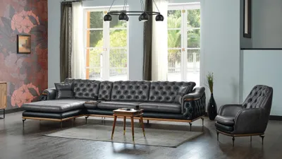 Produktbild von Schwarz Wohnzimmer Set Ecksofa L-Form Sessel Modern Chesterfield Komplett