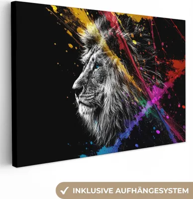 Produktbild von MuchoWow® - Leinwandbilder - Löwe - Graffiti - Schwarz - Neon - Tiere, Wandbild, Wanddeko Bilder Wohnzimmer, 60x40cm