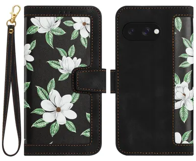 Image de Étui de téléphone portable en similicuir pour Google Pixel 9a, motif floral, noir