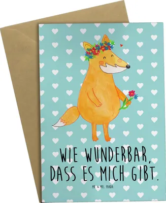 Produktbild von Mr. & Mrs. Panda Grußkarte Fuchs Blumen - Türkis Pastell - Geschenk, dankeskarten, hochzeitskarten, Blume, Boho, Selbstbewusst, Grußkarten, Ich, weihnachtskarten