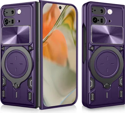Produktbild von Handyhülle für Google Pixel 9 Pro Fold Dual-Layer Stoßfest Rüstung Hülle mit Dia Kameraschutz und Kreisförmig Ring Ständer Lila