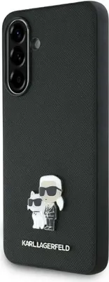 A black phone case with a Karl Lagerfeld and Choupette figurine on it.