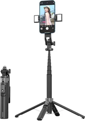 Produktbild von Bluetooth Selfie Stick Stativ mit Aufhelllicht für Smartphones iPhone 14 13 12 11 Pro Max, Samsung Bluetooth Selfie Stick Quad Stativ - Schwarz