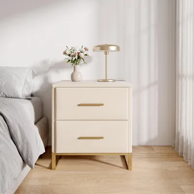 Produktbild von INONEFT Nachttisch 2er Set, Nachtschrank mit 2 Schubladen, Moderner Beistelltisch mit goldenem Rahmen, Nachttisch aus Samt, 40x40x50cm, Beige