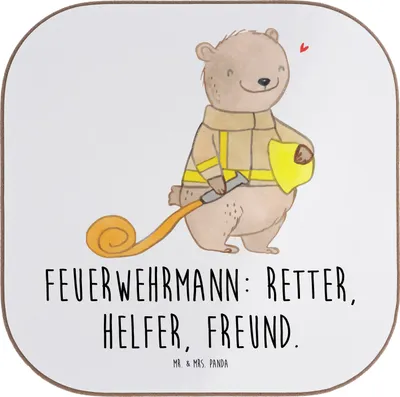 Produktbild von Mr. & Mrs. Panda Untersetzer für Gläser Feuerwehrmann Rettungsheld - Weiß - Geschenk, Tassenuntersetzer, Coaster, Freund, Feuerwehr, Design, Bedanken, Tischuntersetzer