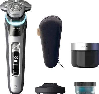 A collection of electric shaver accessories arranged on a white background.