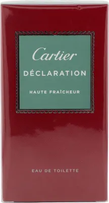 Rote Verpackung von Cartier Déclaration Haute Fraîcheur mit grünem Etikett, weißer Schrift und eleganter Naht-Optik um das Etikett.