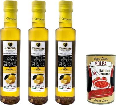 Produktbild von Clemente Olio Extra Vergine D'Oliva Aromatizzato Limone Extra natives Olivenöl mit Zitronengeschmack, 3 x 250 ml + Italian Gourmet polpa 400g