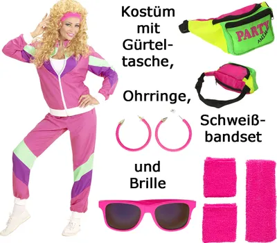 Produktbild von Kostüm Set 80er Jahre Dame Trainingsanzug S -  XXL mit Zubehör Gr. L