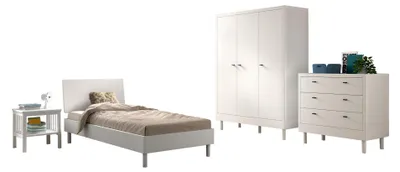 Produktbild von Einzelbett Set 90x200 Keeley Buche Weiß Massivholz Schrank Kommode