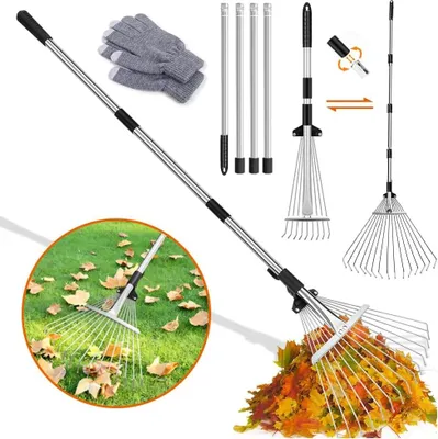Produktbild von Gartenrechen mit 2,15 m verstellbarem Metallstiel und Handschuhen, Fächerrechen aus Metall für die Reinigung von Pflanzen, Rasen und Garten