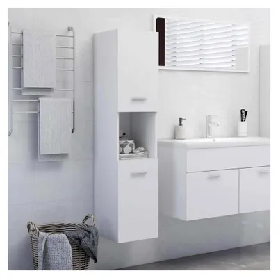 Produktbild von Badezimmerschrank mit 2 Türen und 5 Fächern, Hochschrank in Weiß, 30x30x130cm, Holzwerkstoff