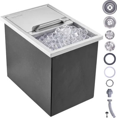 Obrázok produktu pre VEVOR 26,7 l zásuvný box na ľad, chladnička na ľad z nehrdzavejúcej ocele s rozmermi 456 x 304 x 371 mm, komerčný zásobník na ľad s posuvným vekom, zabudovaná truhlica na ľad, vypúšťacia rúrka a vypúšťacia zátka sú súčasťou dodávky