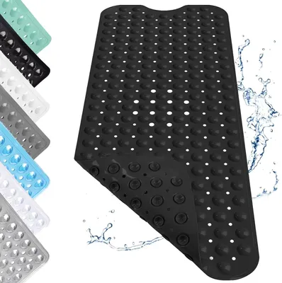 Produktbild von Duschmatte 100 x 40 cm, rutschfest, PVC, mit Saugnäpfen und Abflusslöchern, schwarz, für Badezimmer