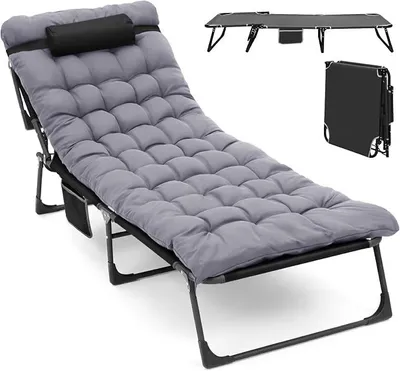 Produktbild von Übergroße Campingbett, Sonnenliege mit Matratze & Kissen bis 200 kg, 4-Fach verstellbare Rückenlehne, Klappbares Bett, Angelstuhl, Campingbett für Garten, Strand, Sonnenbaden, Reisen, Grau