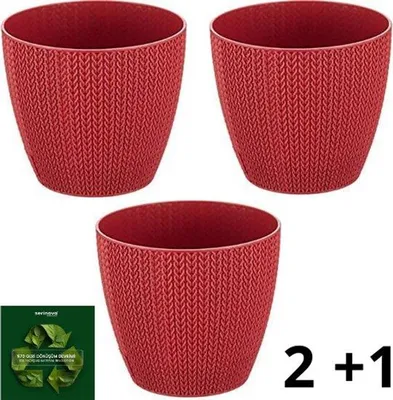 Produktbild von 3 rote, gehaakte Blumentöpfe mit Wasserablauf - Serinova Kräutertöpfe - UV-beständig und winterhart - 14x14x12 cm