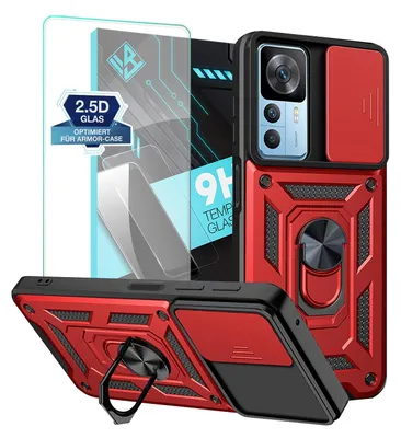 Produktbild von Armor Handyhülle für Xiaomi 12T / 12T Pro mit 9H Displayglas Displayschutz Kameraschutz Handy Panzer Case Cover Schutzhülle Outdoor Farbe: Rot