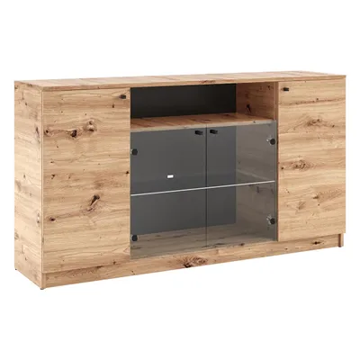 Produktbild von Kommode ESTA III Wohnzimmerschrank mit Stauraum, Modernes Möbelstück, Elegantes Sideboard mit Schubladen und Glastüren, Esszimmer, Braun Eiche Artisan