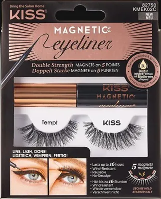 Obrázok produktu pre KISS Magnetic Tempt Eyeliner & Lash Kit, 1 pár syntetických umelých rias s 5 dvojitými magnetmi a odolný proti rozmazaniu, čierna magnetická očná linka s biotínom a presnou kefkou