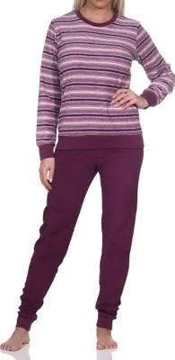 Produktbild von Wunderschöner Damen Frottee Schlafanzug langarm Pyjama mit Bündchen - auch in Übergrössen ; dunkellila , 40