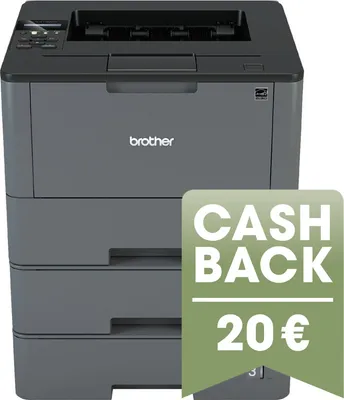 A Brother laser printer with a promotional overlay.