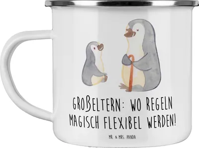 Produktbild von Mr. & Mrs. Panda Teetasse Großeltern Magie - Weiß - Geschenk, Flexibilität, Enkelkinder, Freude, Generationen, Emaille Tasse, Pott, Teebecher, persönliche Erinnerungen