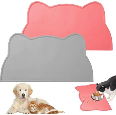 Produktbild von Unyqoos® Silikon-Futtermatten 2er-Set – rutschfest, lebensmittelecht, faltbar, spülmaschinenfest, 44 x 25,5 cm, 0,5 cm Rand, rosa & grau, für Katzen, Hunde & Kaninchen