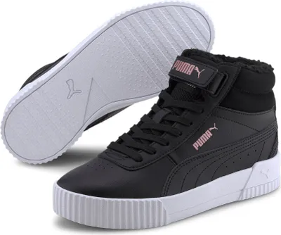 A pair of black Puma Carina Mid FUR Jr sneakers shown from a diagonal angle against a white background.