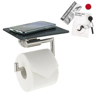 Image de bremermann Série salle de bain PIAZZA - support papier toilette avec tablette en verre gris 2en1, set de collage inclus, en verre et inox mat