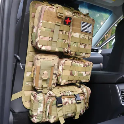 Immagine prodotto di Organizzatore per sedili auto tattico MOLLE con 5 tasche removibili, motivo CP Camo, dimensioni 53,3 x 36,8 cm