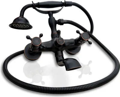 A black retro-style bathtub faucet with a handheld showerhead.