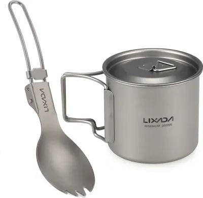 Zdjęcie produktu dla Zestaw naczyń Lixada 300 ml / 350 ml / 550 ml / 650 ml – ultralekkie kubki tytanowe ze składanym sztućcem typu „spork” – naczynia do plecaków turystycznych i kempingowych