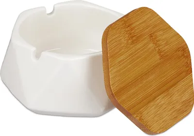 Produktbild von 5 x Aschenbecher mit Deckel, Keramik, draußen & drinnen, HxBxT: 6 x 10,5 x 10,5 cm, Windaschenbecher, weiß/natur