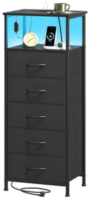 Productafbeelding van Commode met lades en laadfunctie, LED-verlichting, stopcontact, USB-C poort, 5 stoffen lades, zwart, 30x40x101 cm