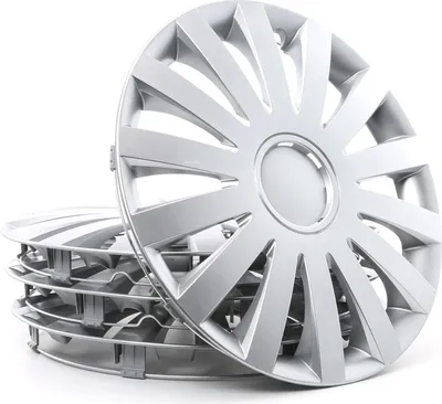 A stack of silver wheel covers on a white background.
