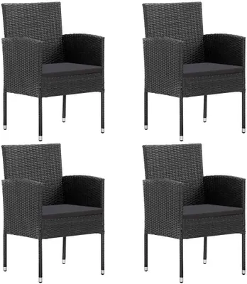 Produktbild von 4 schwarze Gartenstühle aus Polyrattan mit schwarzen Kissen