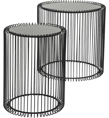 Productafbeelding van Kare Design bijzettafeltje Wire zwart, set van 2, van rundleer, modern glazen tafel, klein formaat