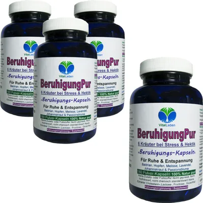 Produktbild von BERUHIGUNG Pur 6 beruhigende Kräuter 720 (4x180) Kapseln Baldrian Hopfen Melisse Lavendel Johanniskraut Passionsblume - Ruhe & Entspannung NATUR pur.