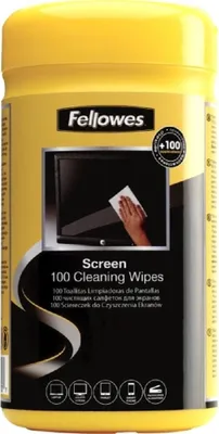 A product shot of a yellow container of screen cleaning wipes.