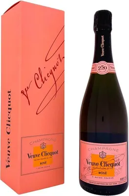 A bottle of Veuve Clicquot Rose champagne and its presentation box.