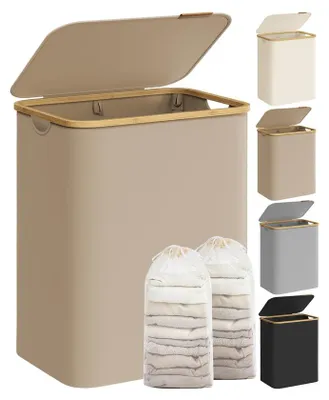 Immagine prodotto di Cesto per la biancheria con due scomparti, realizzato in tessuto Oxford, color cammello, dimensioni 38,5 x 52 x 70,5 cm