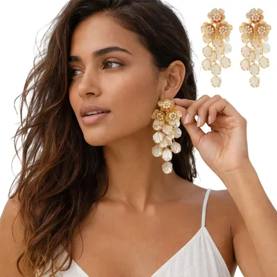 Produktbild von Damen Blumen Ohrringe mit Muschel Anhänger, Elegante Ohrhänger für Hochzeit, Urlaub, Strand, Party