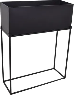 A black rectangular planter on a black metal stand against a white background.