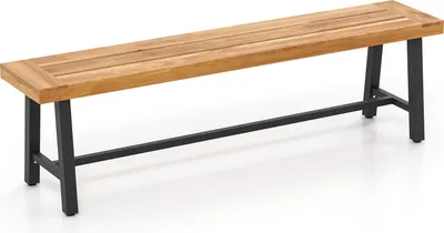 A long wooden bench with black metal legs, shown from a side angle against a white background.