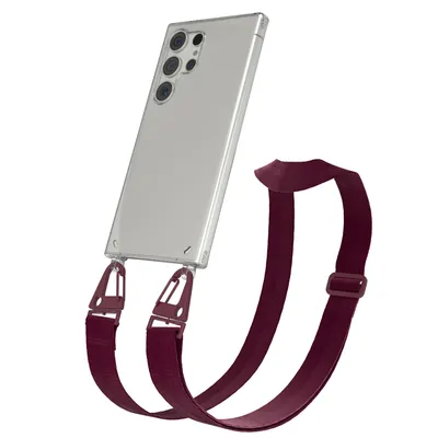 Produktbild von EAZY CASE - Hülle mit Band für Samsung Galaxy S24 Ultra, Handyhülle mit Umhängeband, Silikonhülle transparent, Handykette in Rot