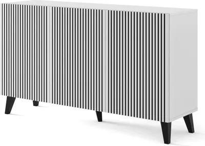Zdjęcie produktu dla Komoda RAVENNA P 150 cm 3D BIAŁY MAT / CZARNY MAT z frezowanymi frontami MDF szafka wysoka bufet CZARNE NOGI