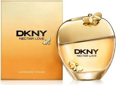 A bottle of DKNY Nectar Love perfume and its packaging are displayed against a white background.