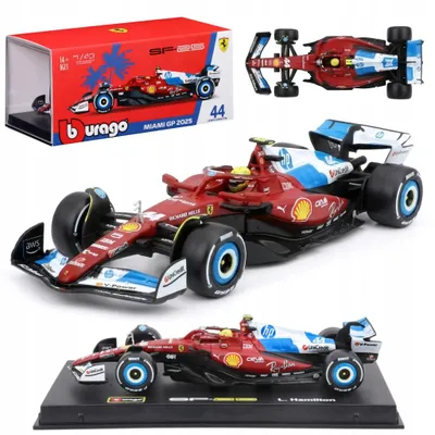 Zdjęcie produktu dla Bburago, model samochodu Ferrari SF-25 F1, Grand Prix Miami 2025, numer #44, Lewis Hamilton, skala 1:43, w etui