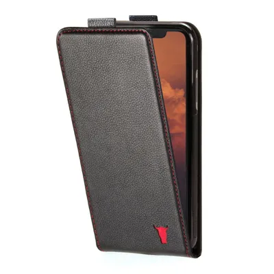 A black leather flip case for an iPhone 12 / iPhone 12 Pro, with red stitching and a red bull logo, is shown against a white background.